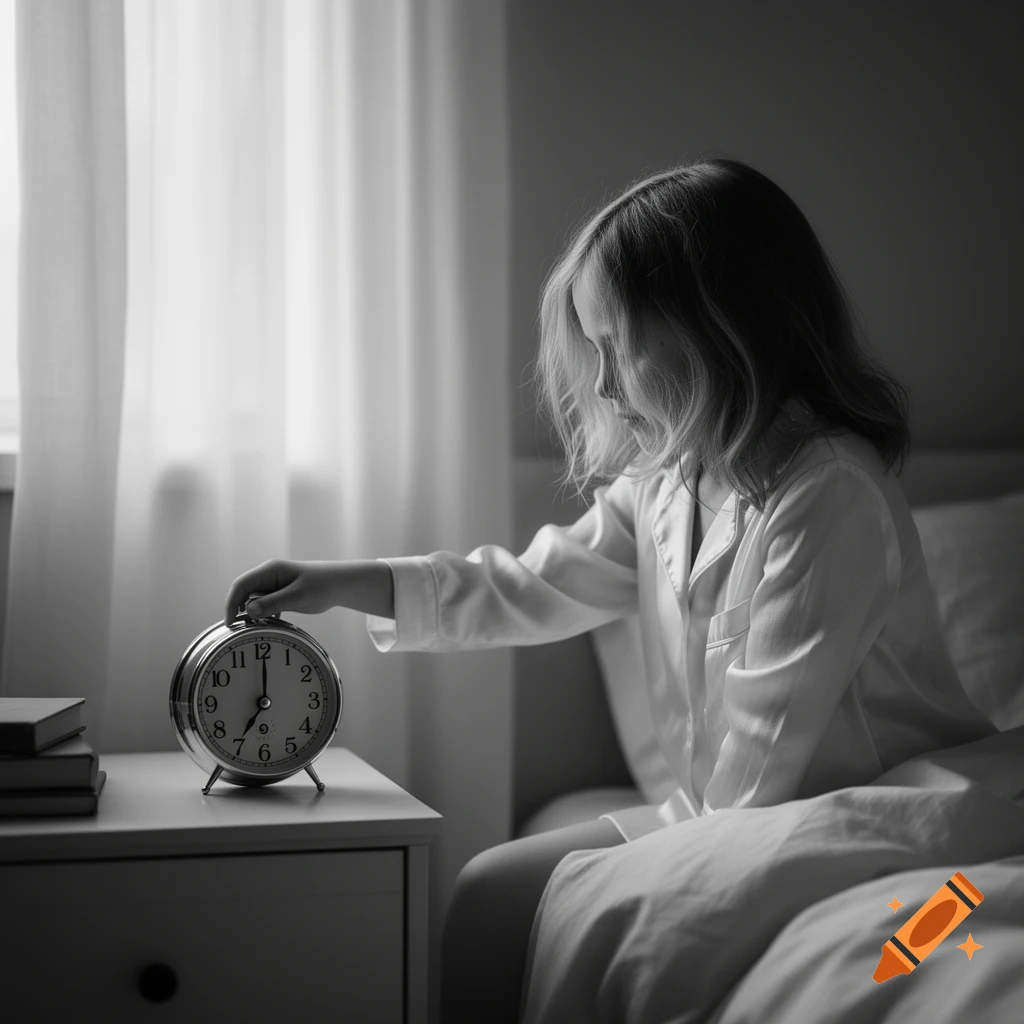 A black and white photo of a young girl in pajamas reaching for an alarm clock on a bedside table.