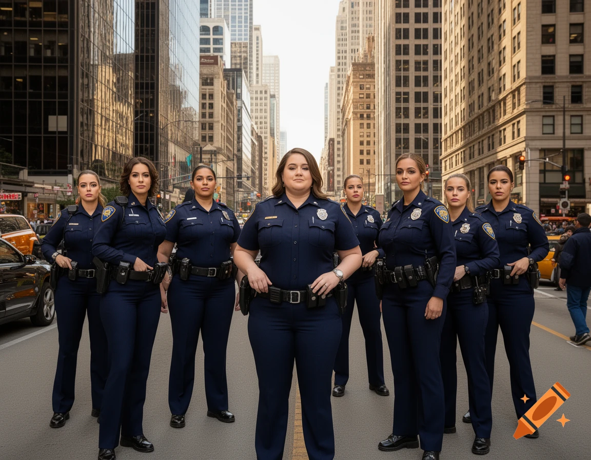 Seven female police officers in dark blue uniforms stand confidently on a city street, with tall buildings in the background. Photorealistic style.