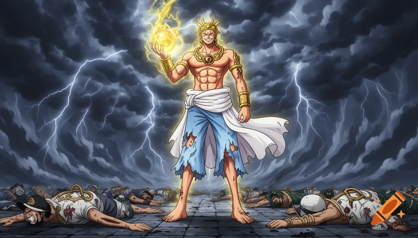 Anime style Enel, a muscular man with gold jewelry, stands triumphantly holding a lightning orb over defeated soldiers under a stormy sky.