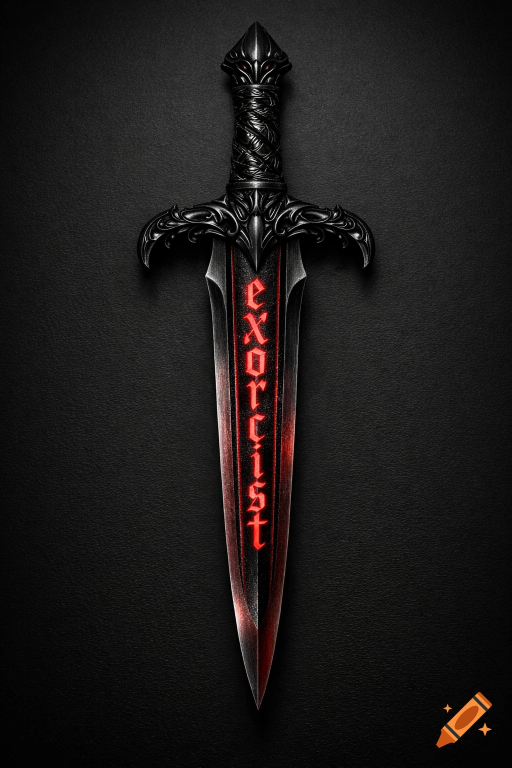 A black ornate dagger with 'exorcist' glowing red vertically on its blade, set against a dark textured background.