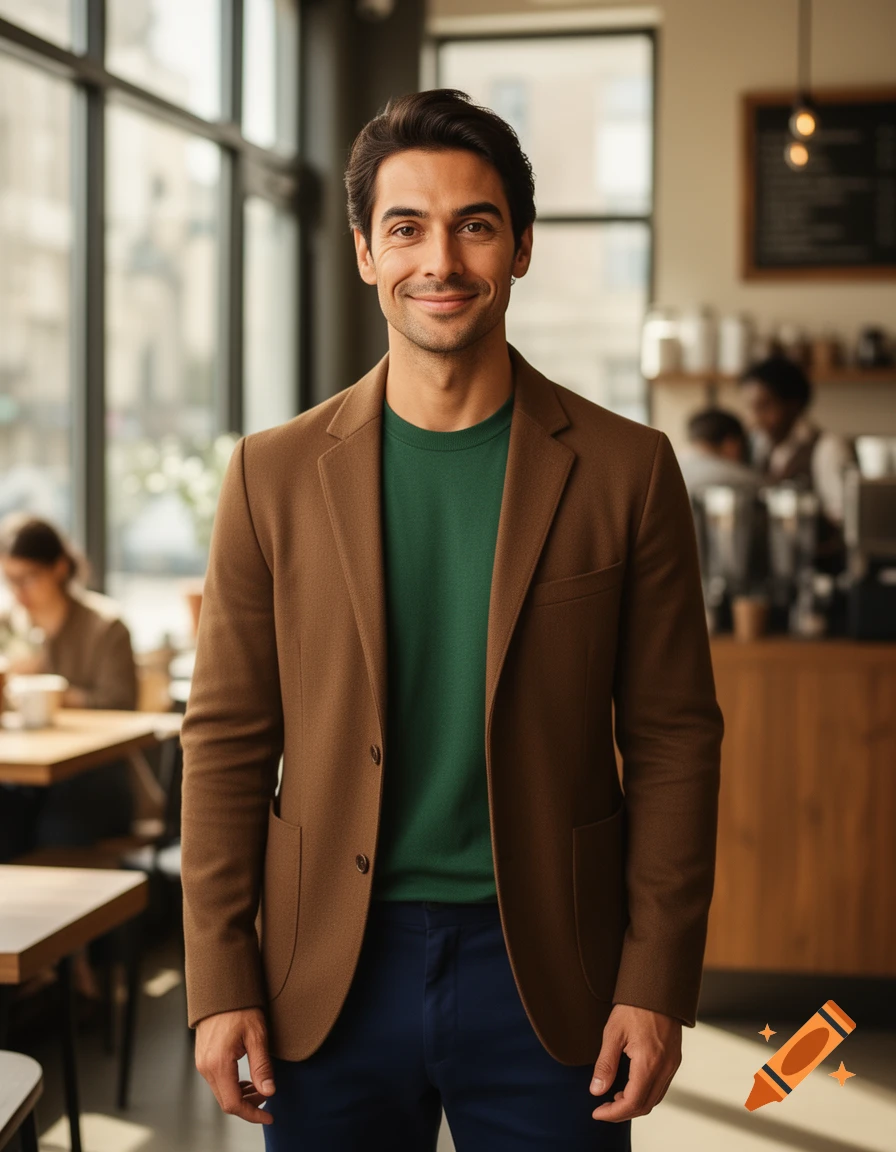 A smiling man in a green sweater and brown blazer stands in a cozy coffee shop.