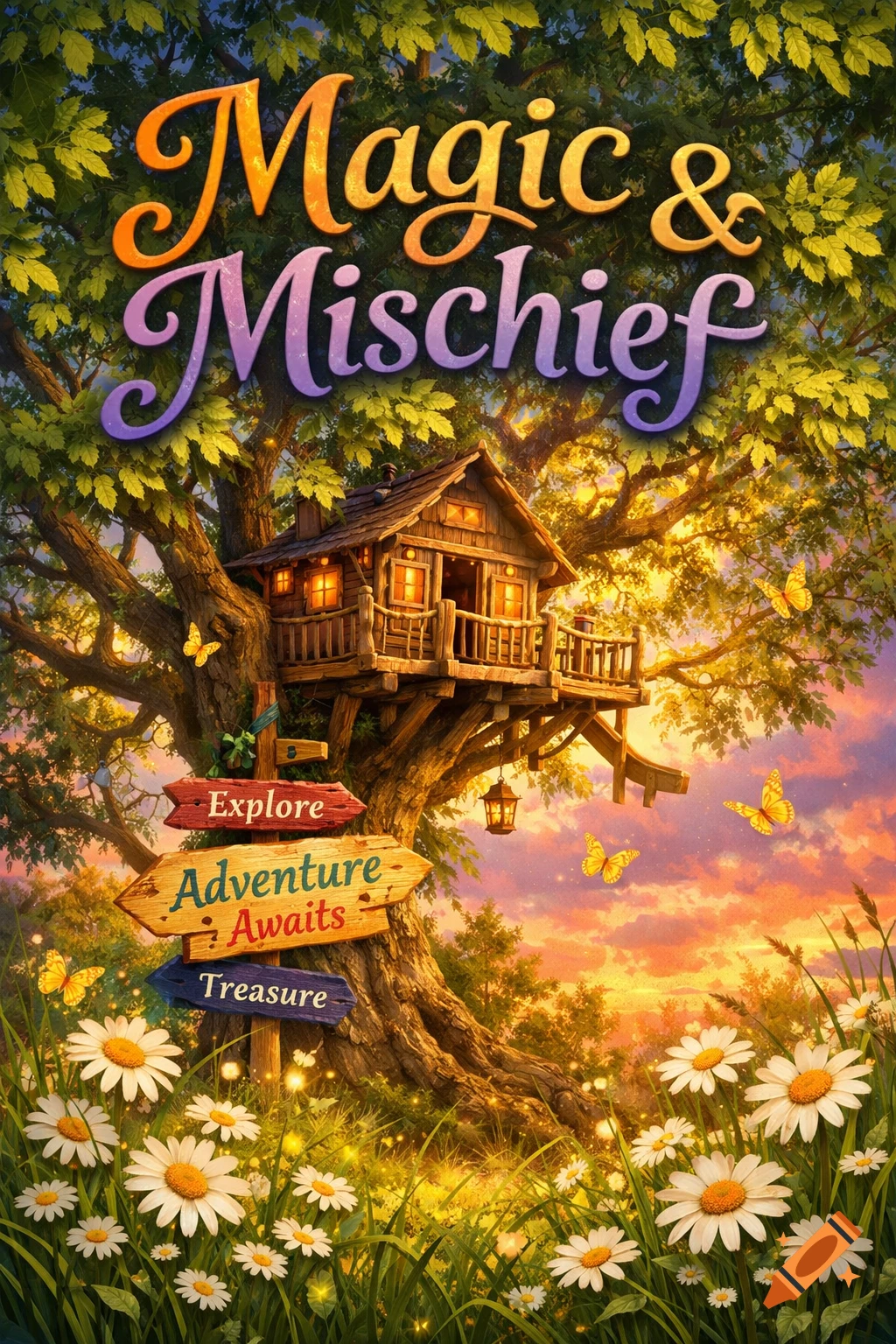 Whimsical illustration of a treehouse in a large tree, with 'Magic & Mischief' title, signs, butterflies, and daisies at sunset.
