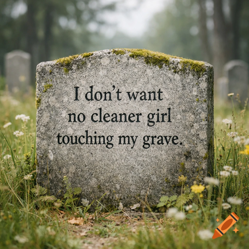 A photorealistic image of a moss-covered gravestone in a grassy cemetery, with the inscription "I donrot want no cleaner girl touching my grave".