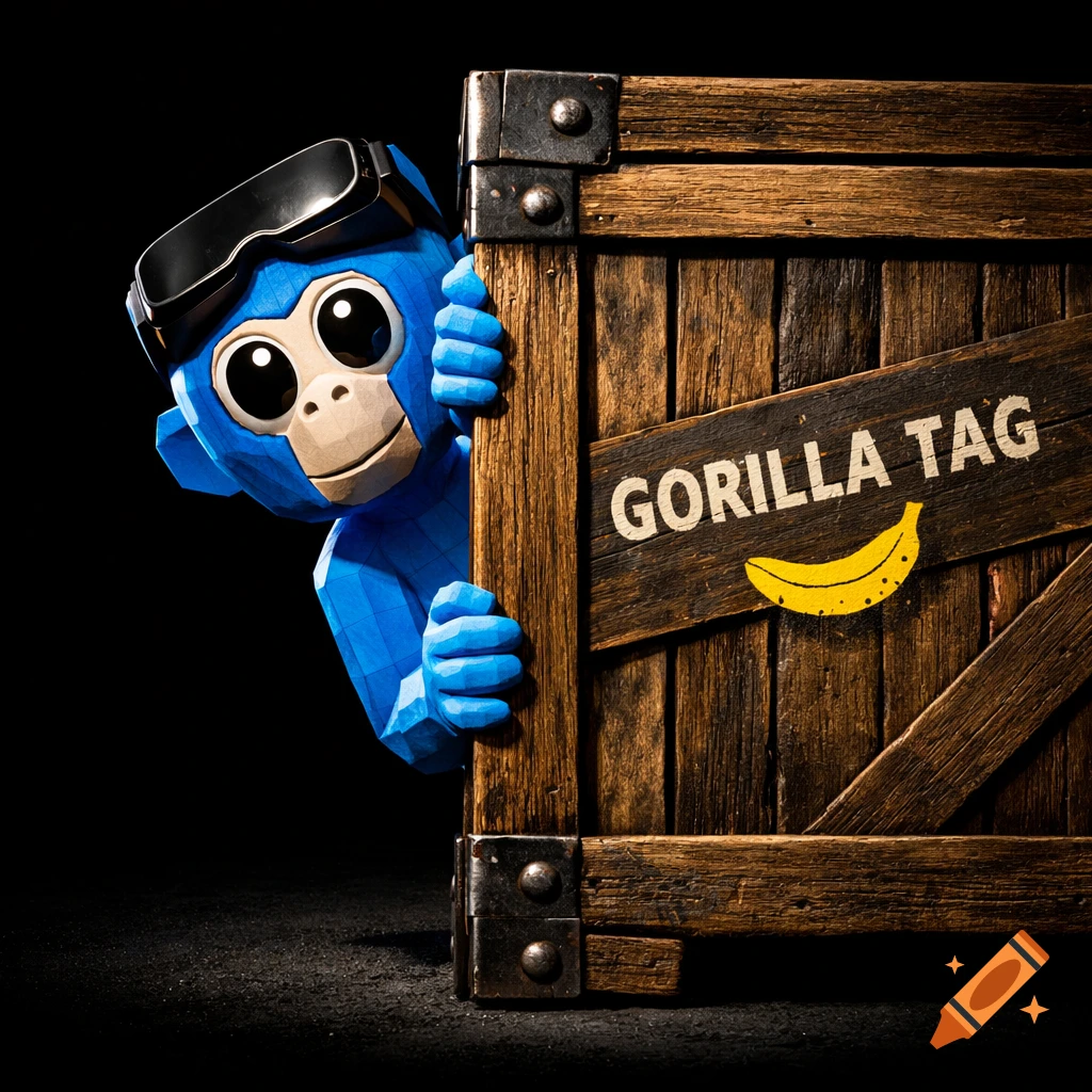 A blue, low-poly monkey with VR goggles peeking from a wooden crate labeled 'GORILLA TAG' with a banana icon.