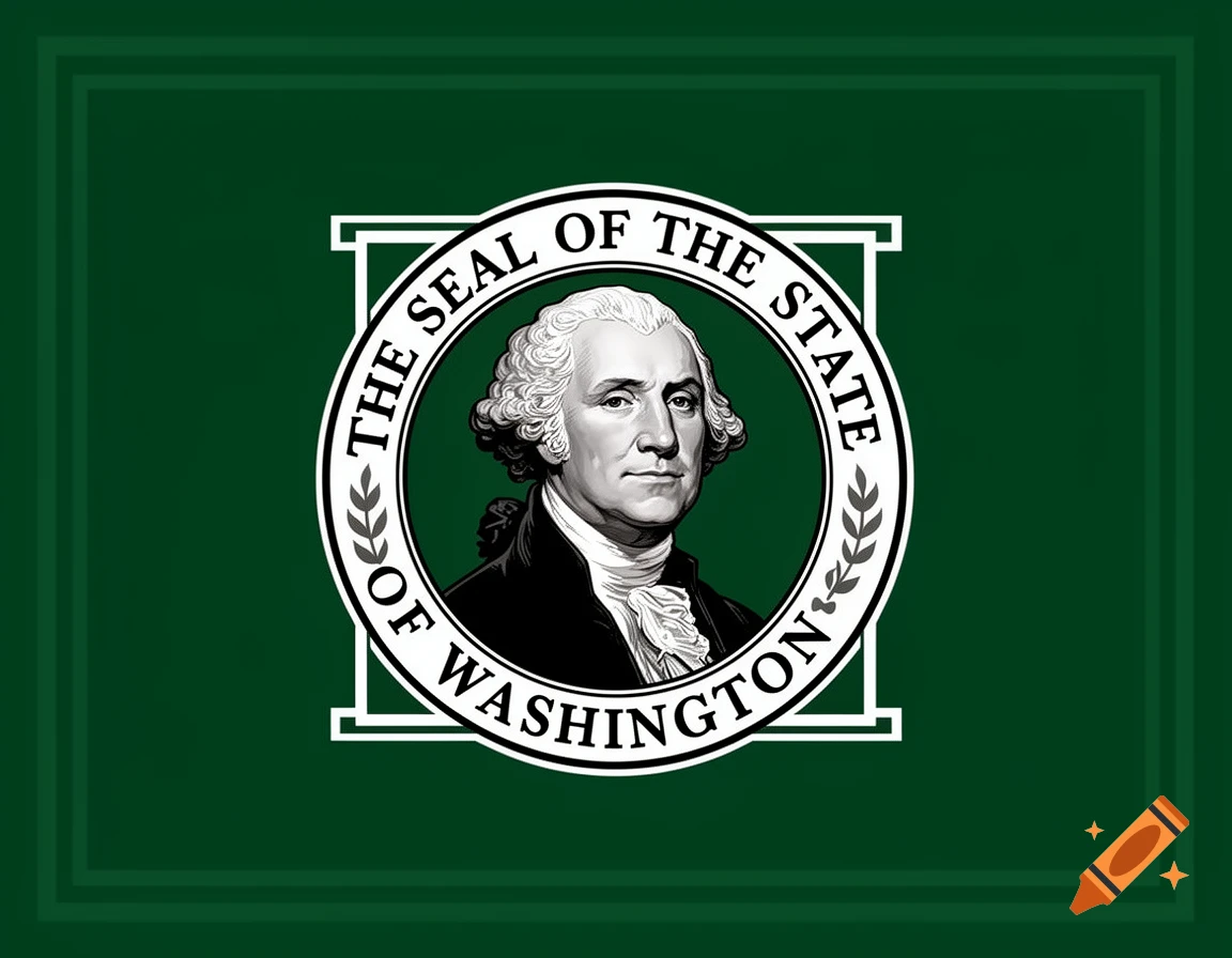 Illustration of the Washington State Seal with George Washington's portrait on a dark green background.