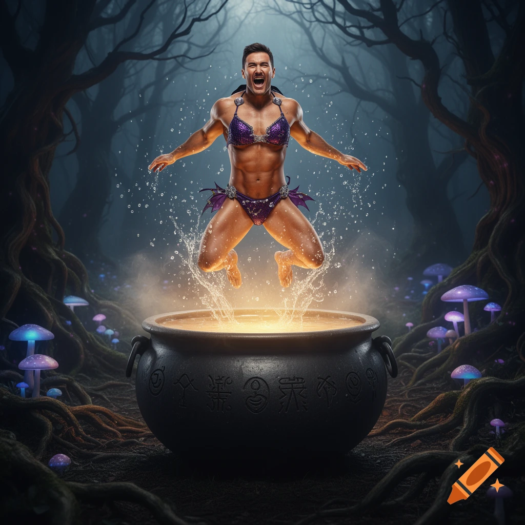 Muscular man in a sparkling purple witch bikini jumping out of a glowing cauldron in a dark, magical forest with glowing mushrooms.