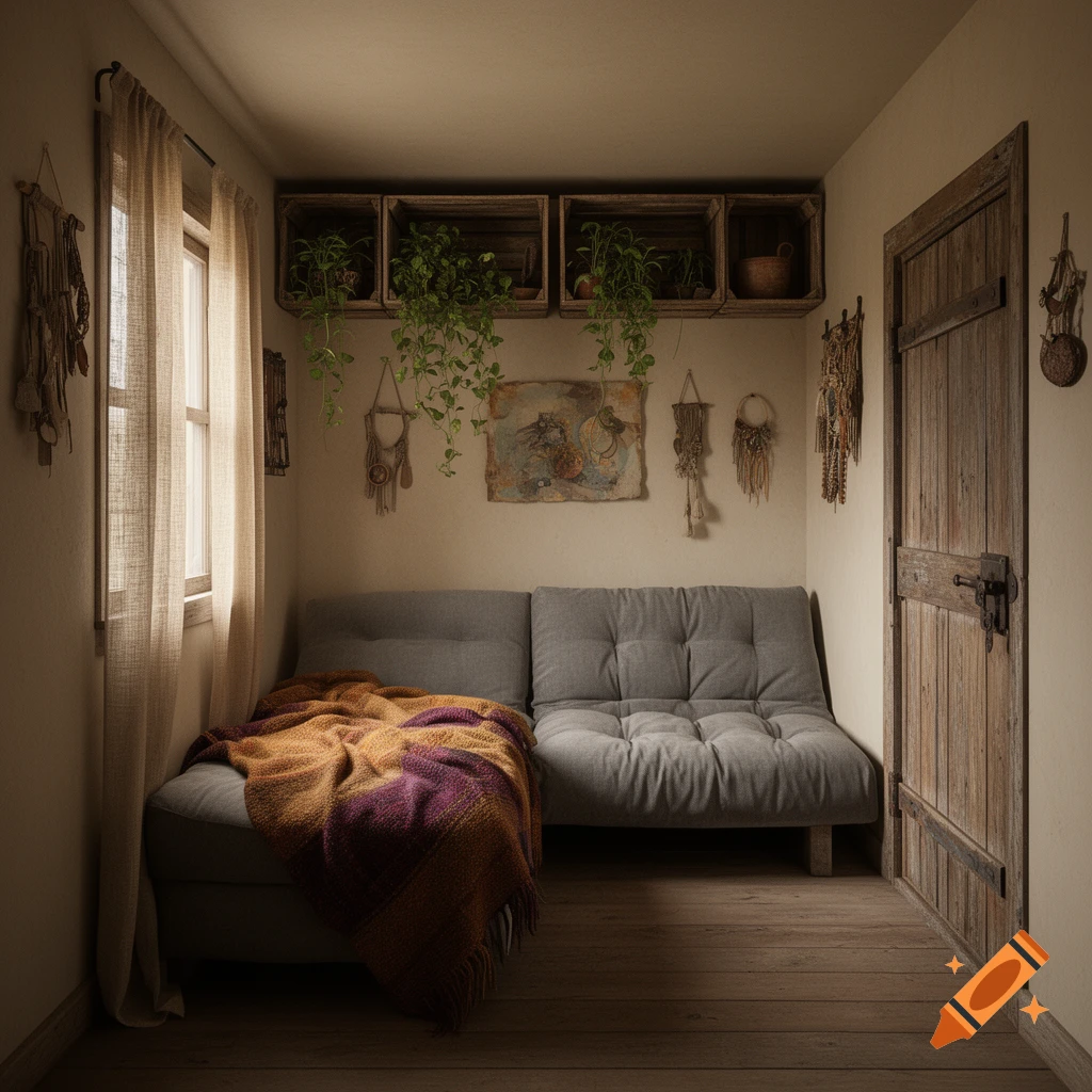 A cozy, bohemian-style room with a gray futon, a colorful knit blanket, wooden crates with hanging plants, and a rustic wooden door.