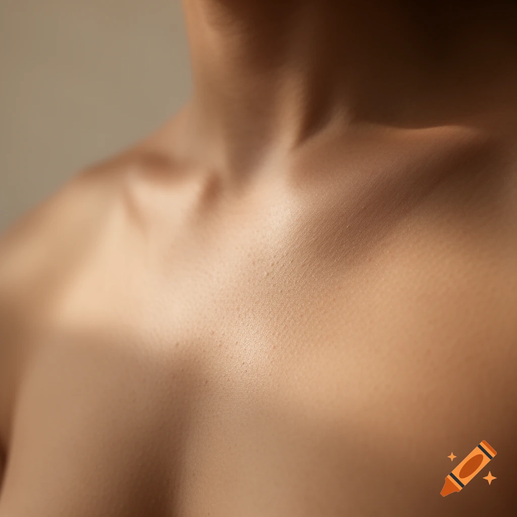 A close-up, photorealistic shot of a person's upper chest and collarbone, showing detailed skin texture.