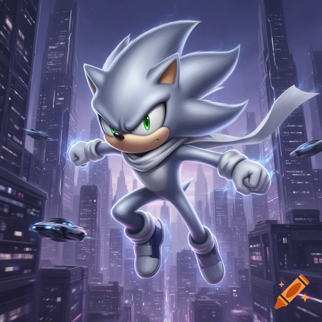 A white hedgehog-like character with green eyes and a scarf leaps over a futuristic city at night with glowing blue energy.