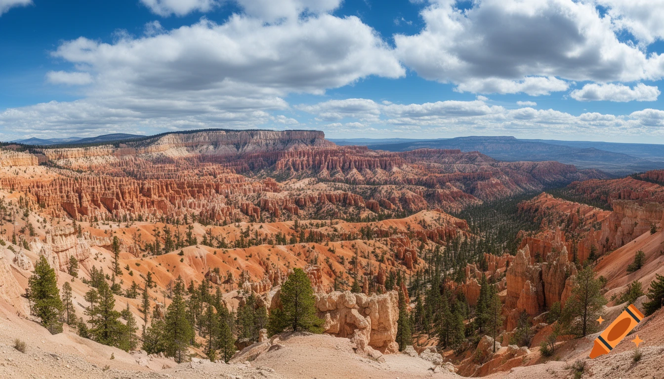 A panoramic view of Bryce Canyon, featuring orange hoodoos, scattered pine trees, and distant cliffs under a blue sky with white clouds.