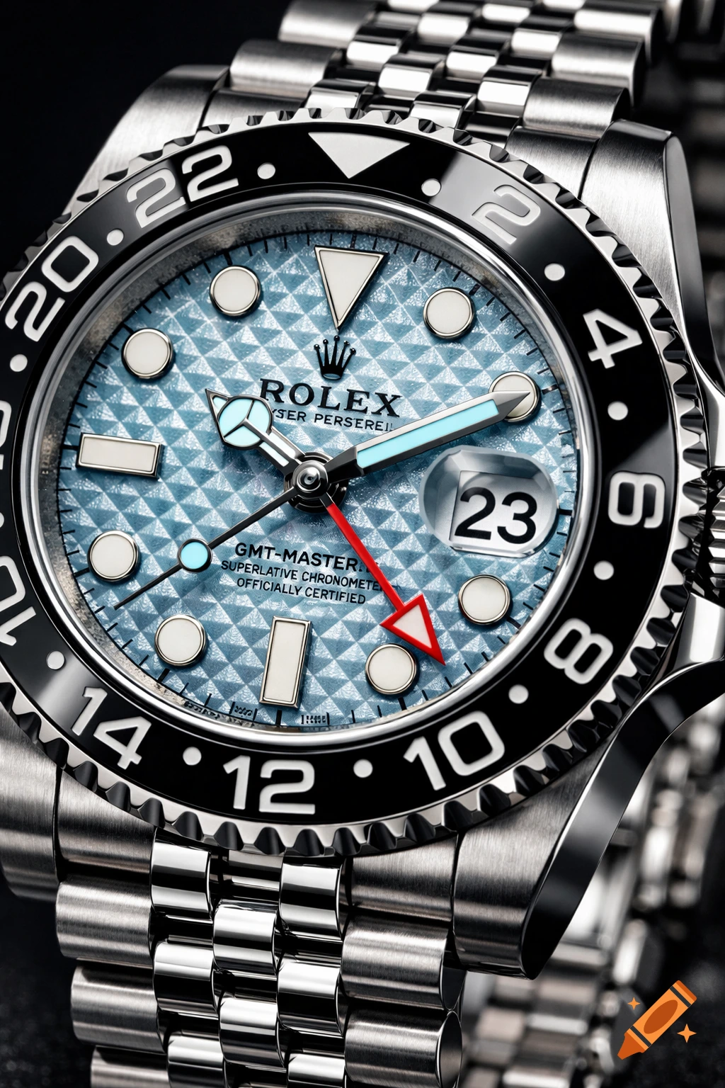 Close-up photorealistic shot of a Rolex GMT-Master II watch with a blue patterned dial, black bezel, and steel Jubilee bracelet.