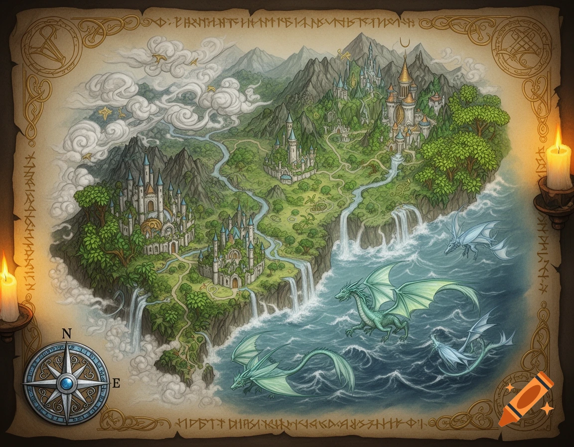 A hand-painted fantasy map with castles, rivers, mountains, and dragons flying over the ocean, bordered by decorative runes and a compass rose.