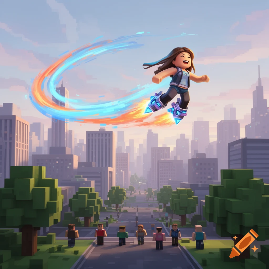 Smiling Roblox-style girl with glowing rocket shoes flies over a blocky city with a colorful energy trail.