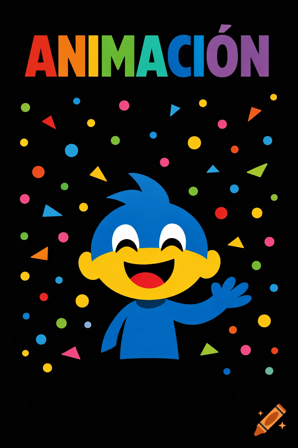 Cheerful blue and yellow cartoon character waving, surrounded by colorful confetti. Rainbow text 'ANIMACIÓN' on black background, vector art.