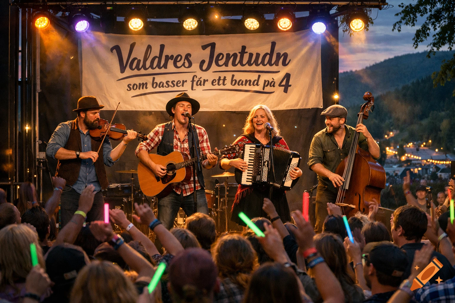 A folk band with violin, guitar, accordion, and double bass performs on an outdoor stage under spotlights, with a banner and a crowd holding glow sticks.