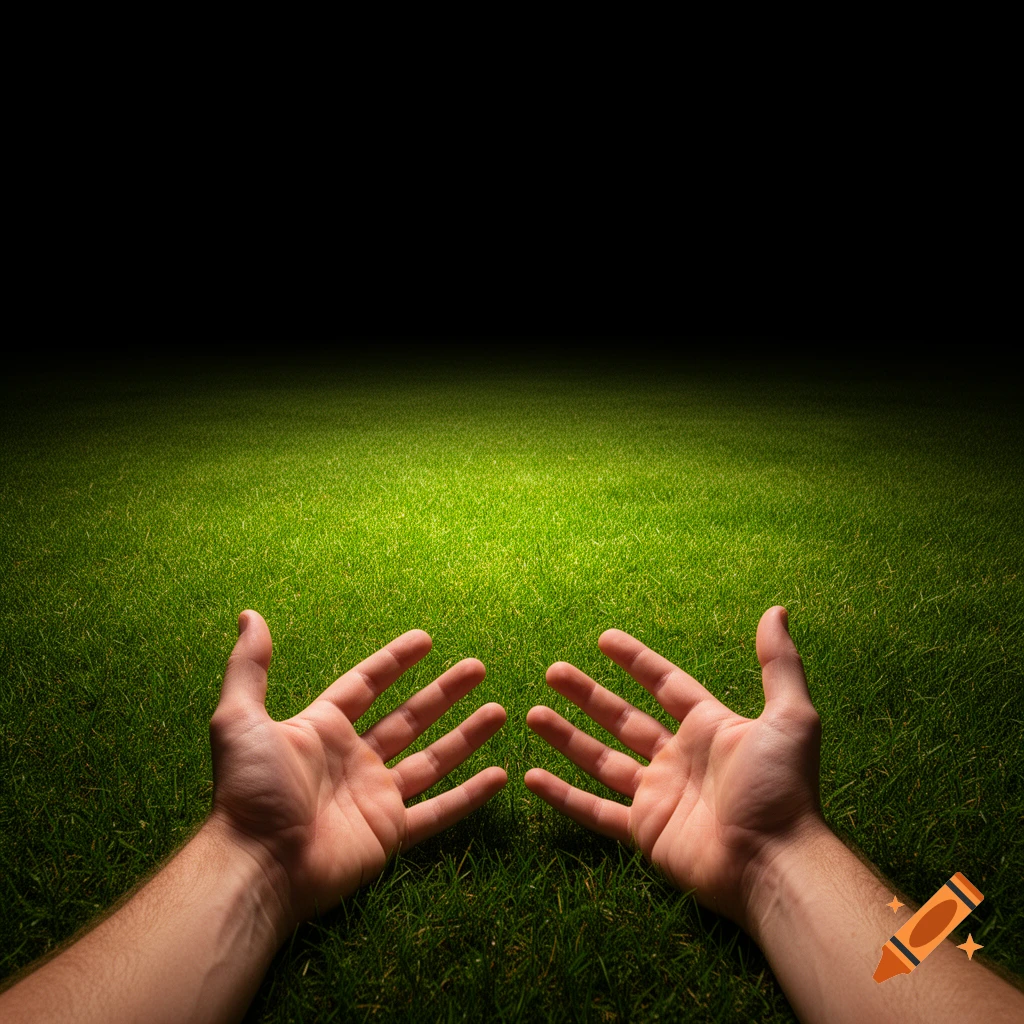 Two hands with palms up on a brightly lit green grassy field, with a dark, obscured background.
