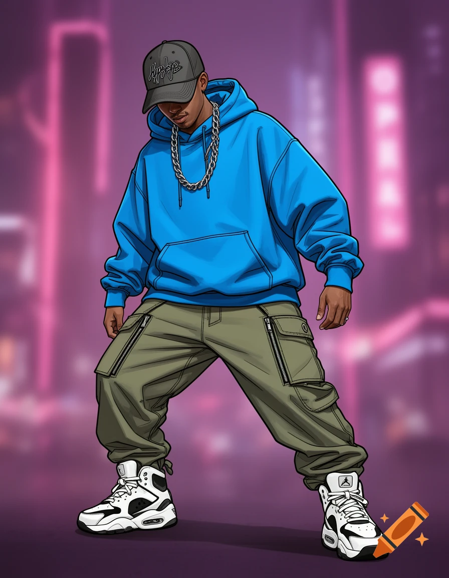A stylized illustration of a man wearing a blue hoodie, olive green cargo pants, sneakers, a cap, and a silver chain, set against a blurry pink and purple urban background.
