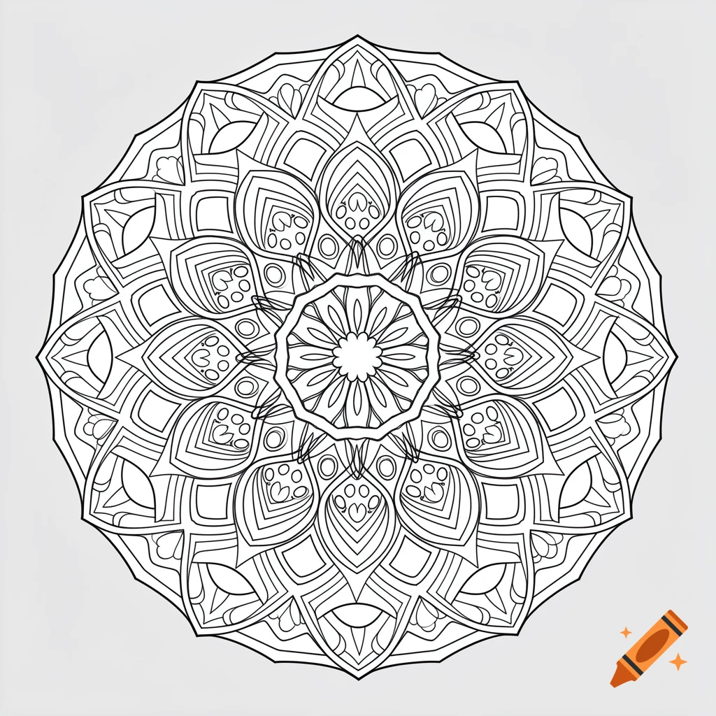 Intricate black and white circular mandala design, suitable for a coloring page.