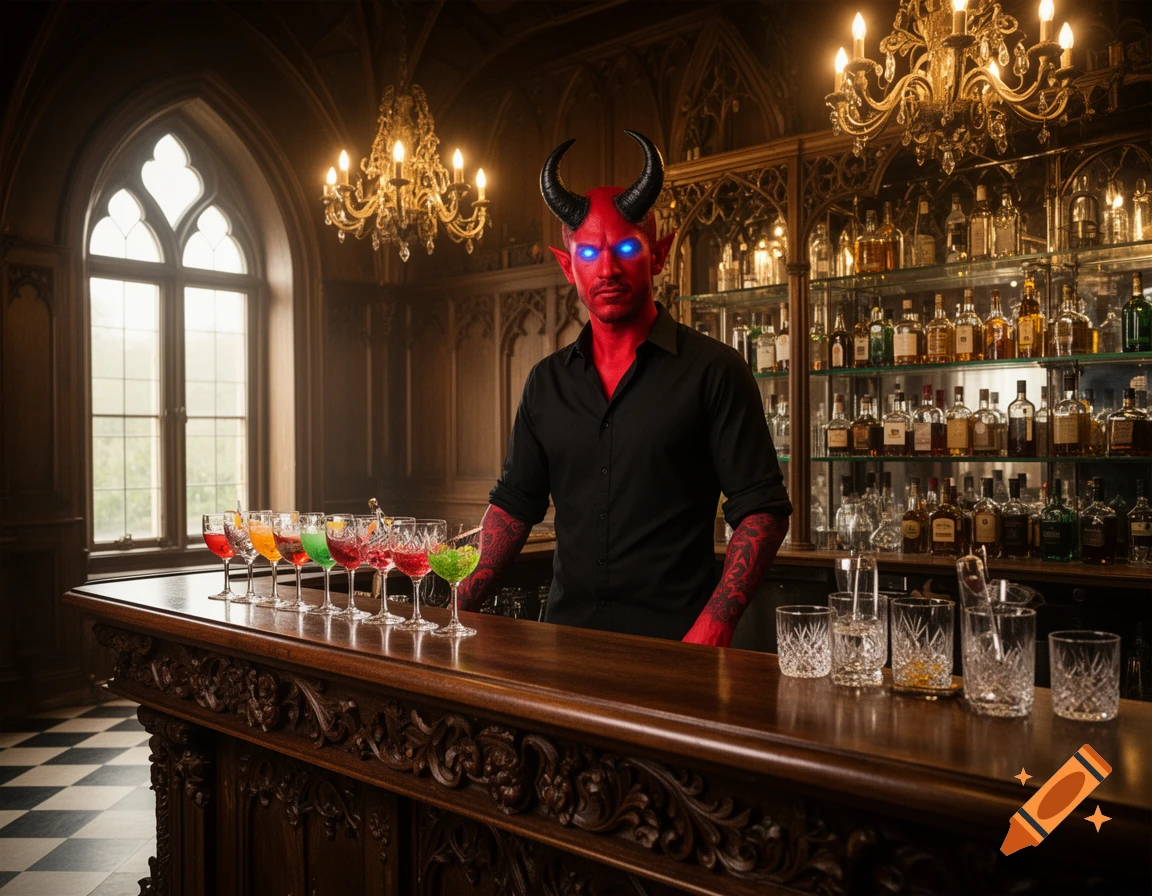 A red-skinned devil bartender with horns and glowing blue eyes stands behind a bar with colorful cocktails in a grand gothic setting.