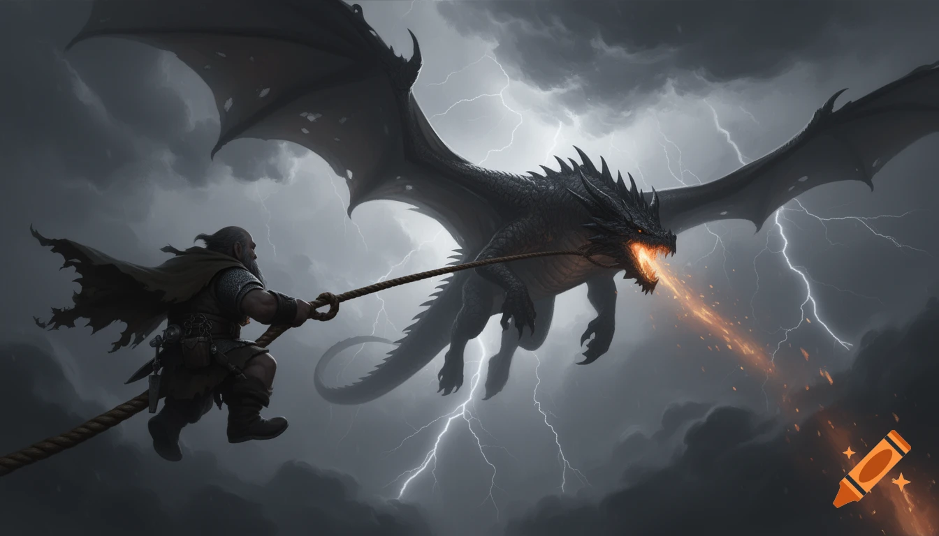 A dwarf adventurer hangs onto a rope attached to a fire-breathing dragon soaring through a stormy, lightning-filled sky in a dramatic fantasy illustration.