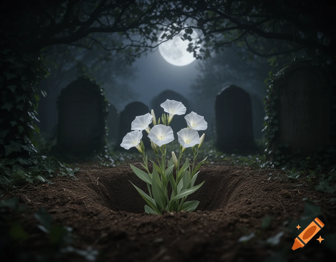 White moonflowers grow from a dirt grave in a misty cemetery at night, illuminated by a full moon.