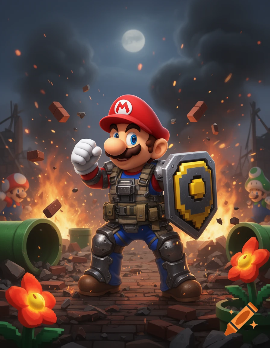 Mario Solider Mario in tactical gear and shield, posing in a fiery, war-torn ...