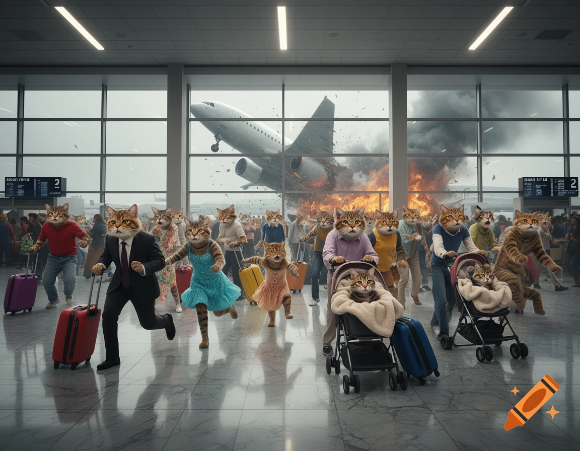Anthropomorphic cats with suitcases and strollers panic and run through an airport terminal as an airplane crashes and burns outside the window.