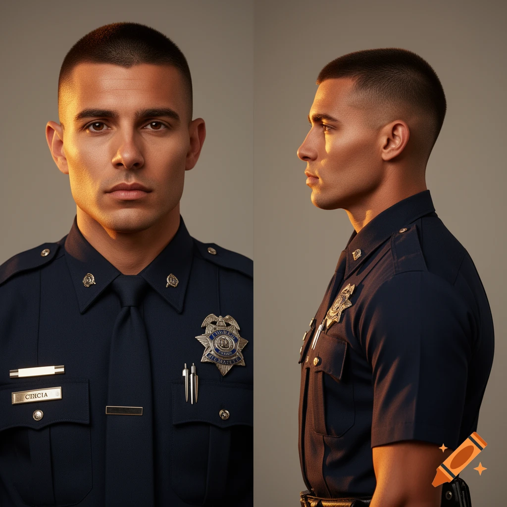 Two side-by-side photorealistic portraits of a man in a police uniform, one front-facing and one in profile, against a neutral background.