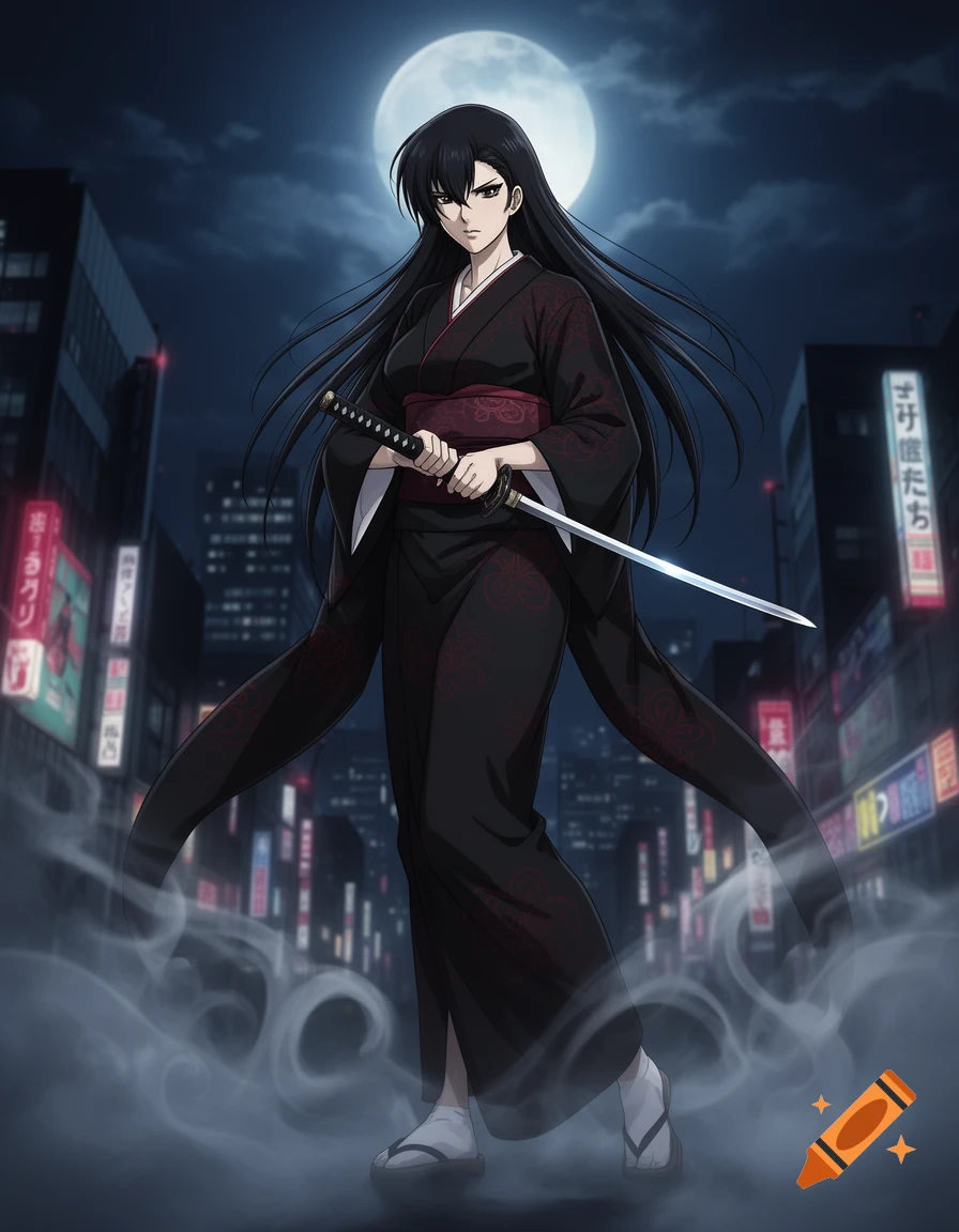 A serious black-haired anime woman in a black kimono holds a katana in a misty night city street under a full moon.
