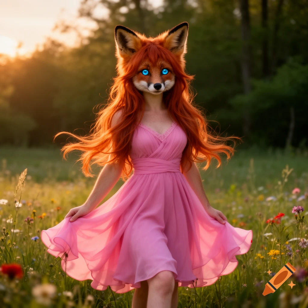 Photorealistic fox-girl with bright blue eyes and long red hair, wearing a pink dress, walking through a sunny wildflower field.