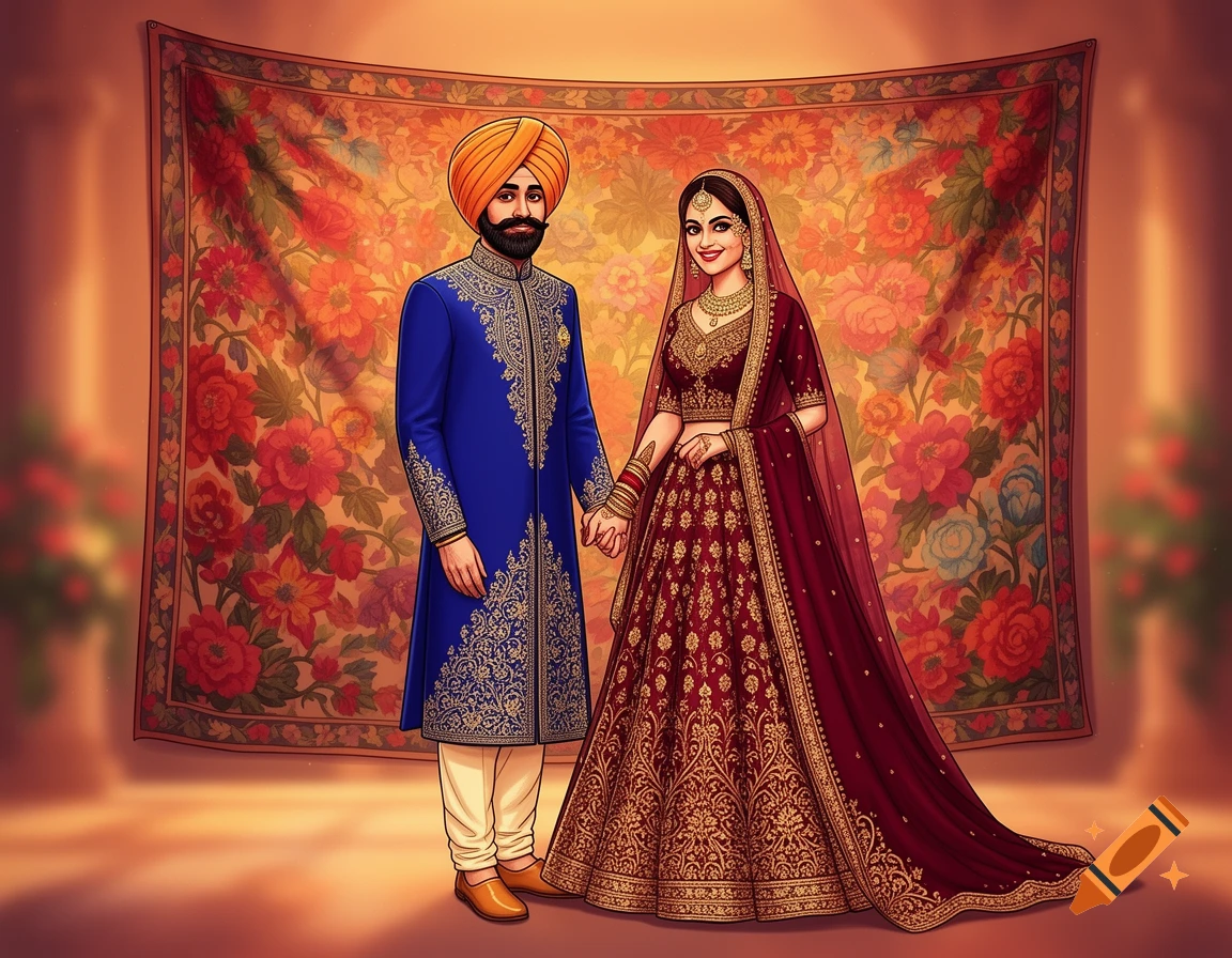 Graphic illustration of a Gursikh couple in traditional attire, holding hands against a vibrant floral tapestry.