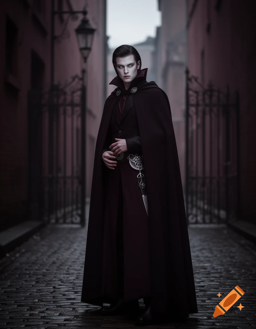 A photorealistic image of a pale man with dark hair and glowing eyes, dressed in a dark cape and suit, standing in a dim, cobblestone alleyway.