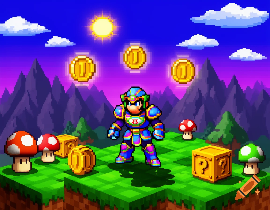 A vibrant pixel art video game scene with a colorful armored character, floating coins, mushrooms, and question blocks on a grassy platform, under a purple sky with mountains.