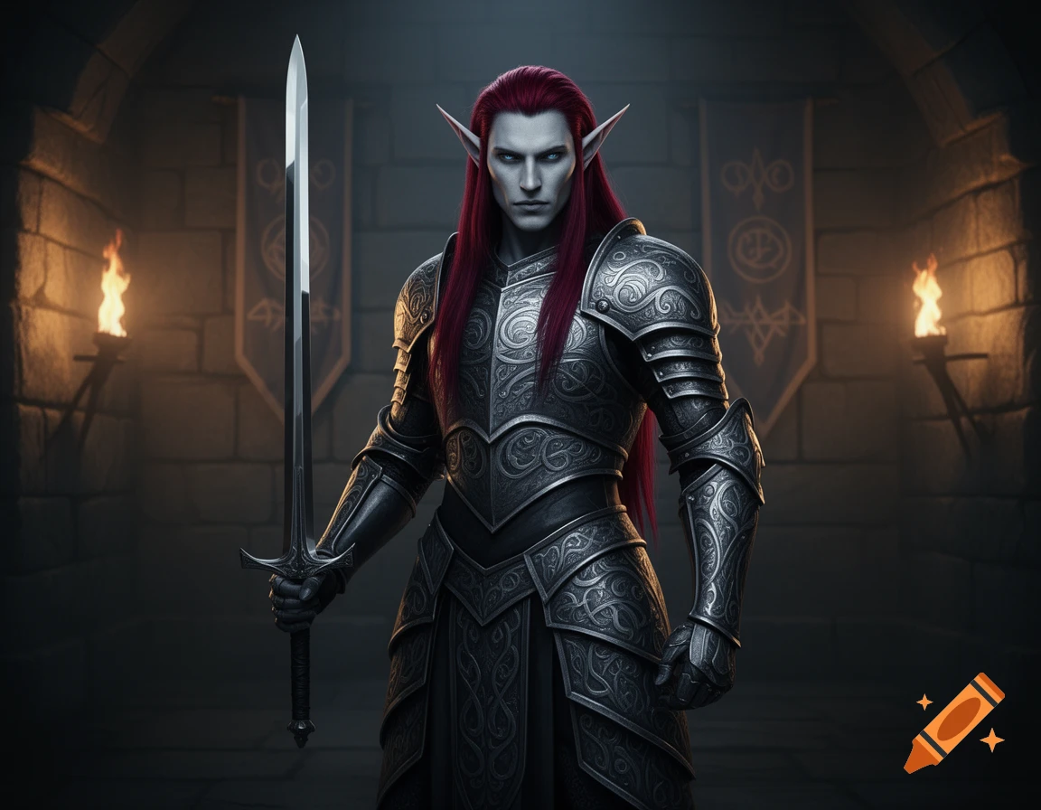 A male dark elf knight with long red hair and grey skin stands in ornate metal armor, holding a sword in a torchlit stone dungeon.