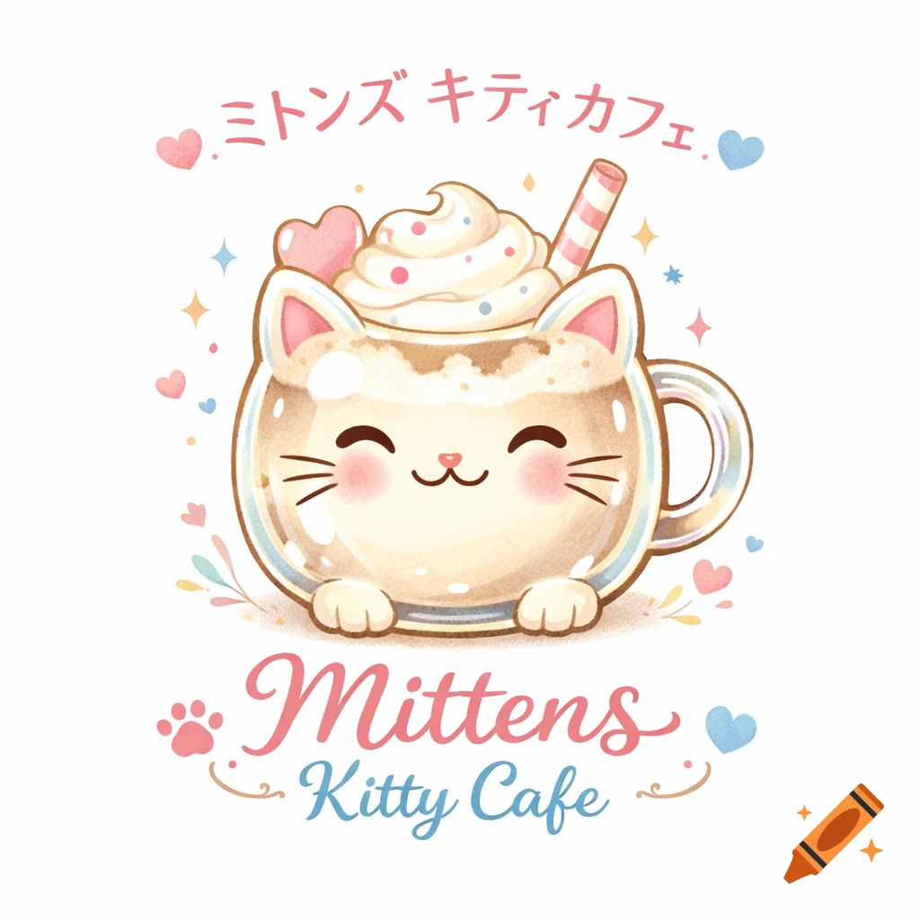 A cute cartoon logo for Mittens Kitty Cafe, featuring a smiling cat-shaped mug with whipped cream, sprinkles, and a striped straw.