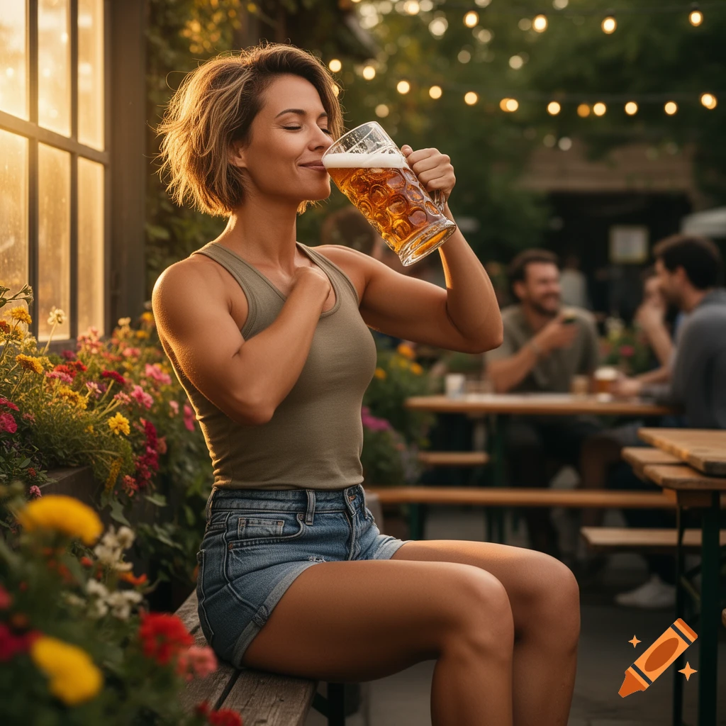 A smiling woman with short hair enjoys a large mug of beer outdoors at sunset, surrounded by flowers and string lights.