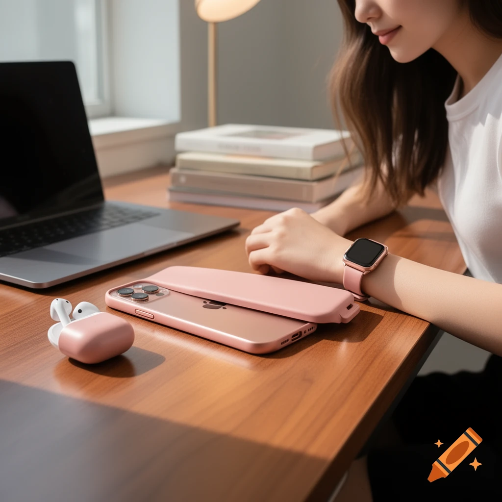 Young woman working at a desk with a laptop, a pink iPhone, AirPods, and a smartwatch, in a photorealistic style.