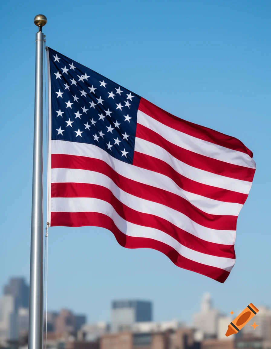 A photorealistic American flag waving on a flagpole against a clear blue sky, with a blurred city skyline in the background.
