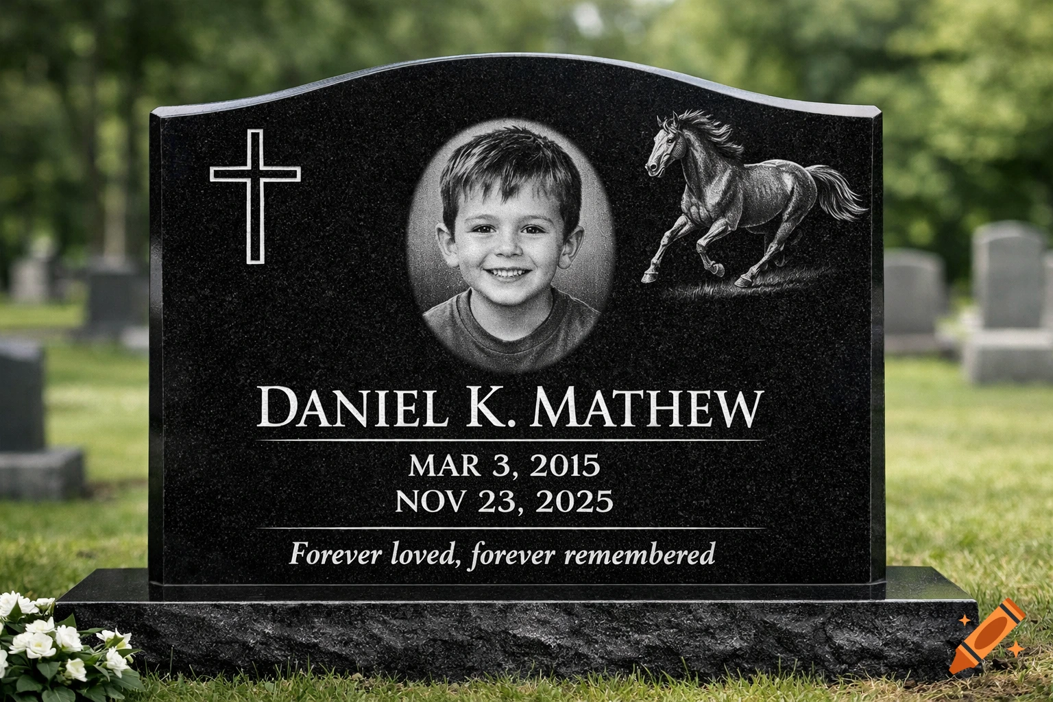 Photorealistic black granite headstone for Daniel K. Mathew, featuring a smiling boy's portrait, a cross, and a running horse engraving in a cemetery.