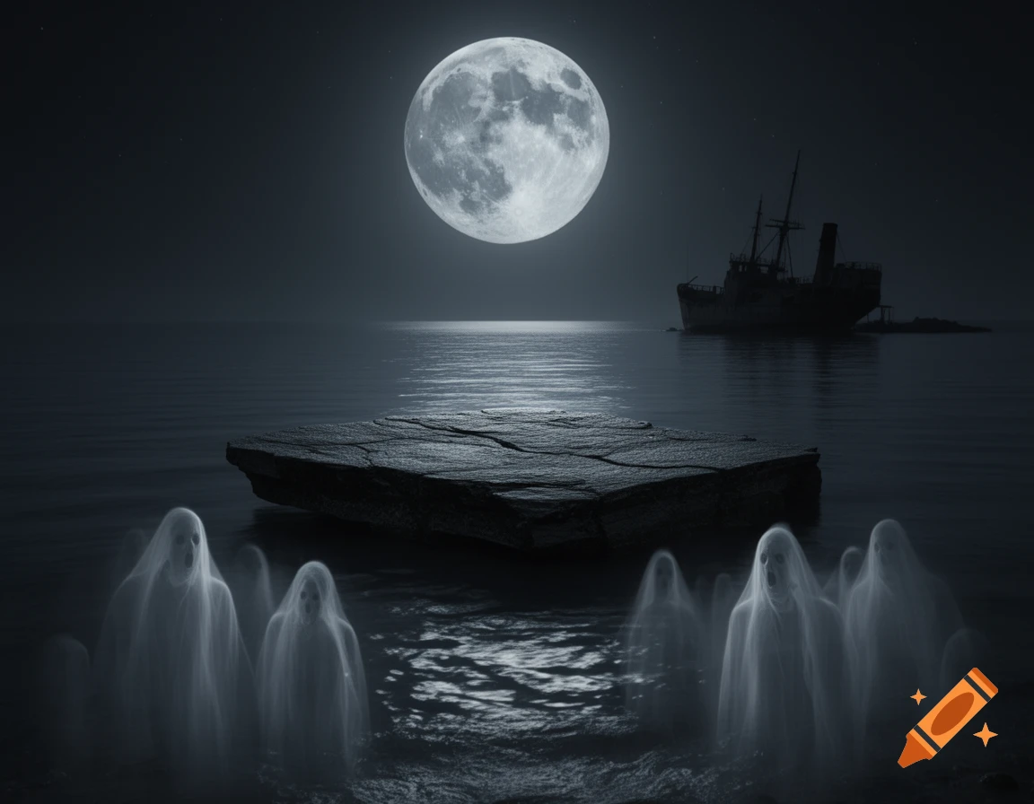 A full moon illuminates a dark sea where ethereal ghosts rise around a flat rock, with a distant shipwreck.