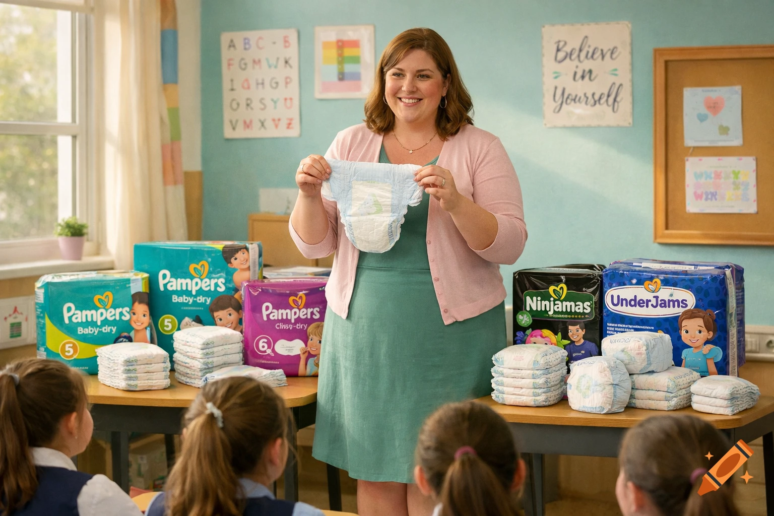 A smiling teacher in a green dress and pink cardigan holds up a diaper in a classroom. Packages of Pampers and UnderJams are on desks behind her, with stacks of diapers beside them. Students sit at desks in the foreground.