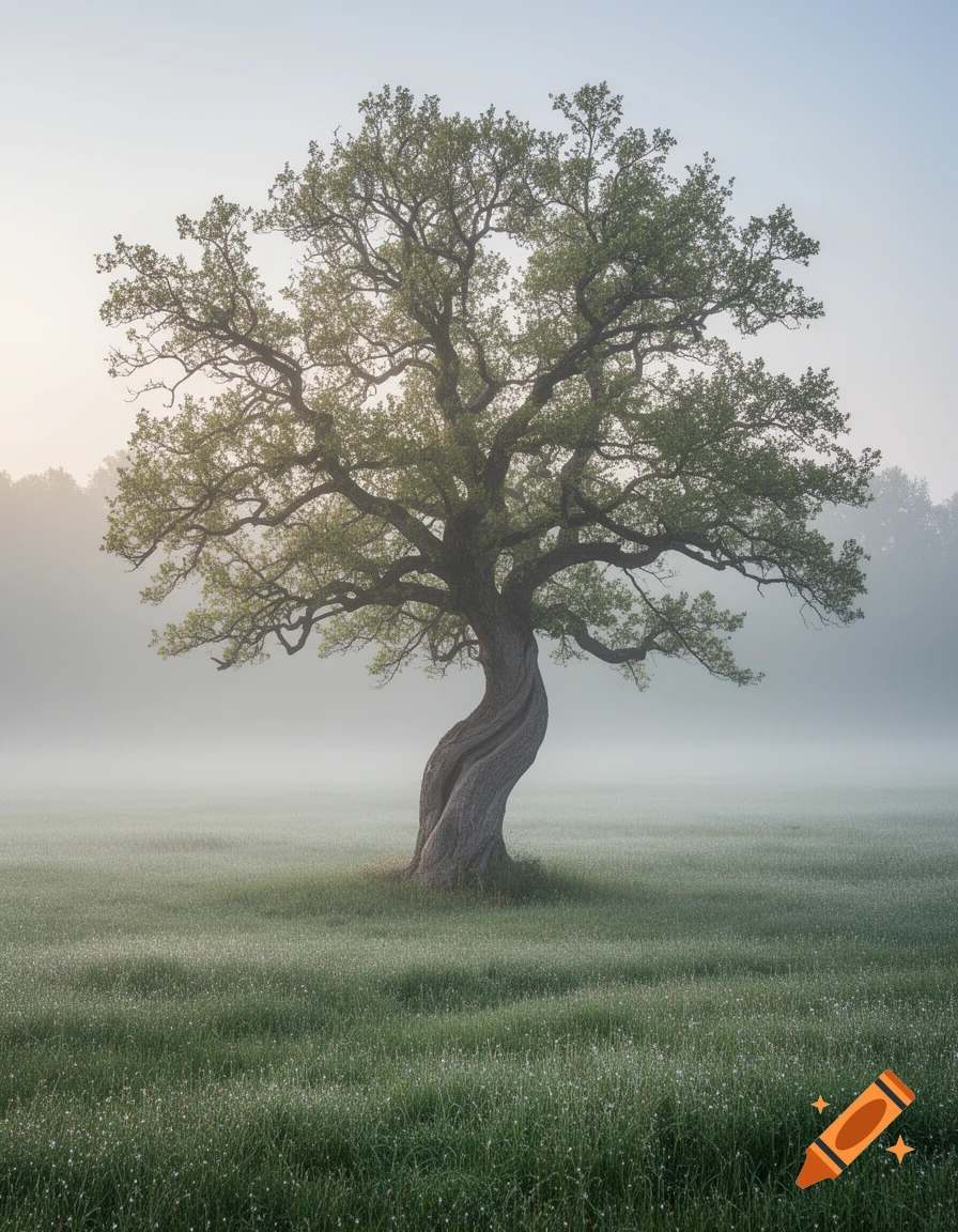 A solitary gnarled tree with green leaves stands in a vast, misty green field under a pale sky.