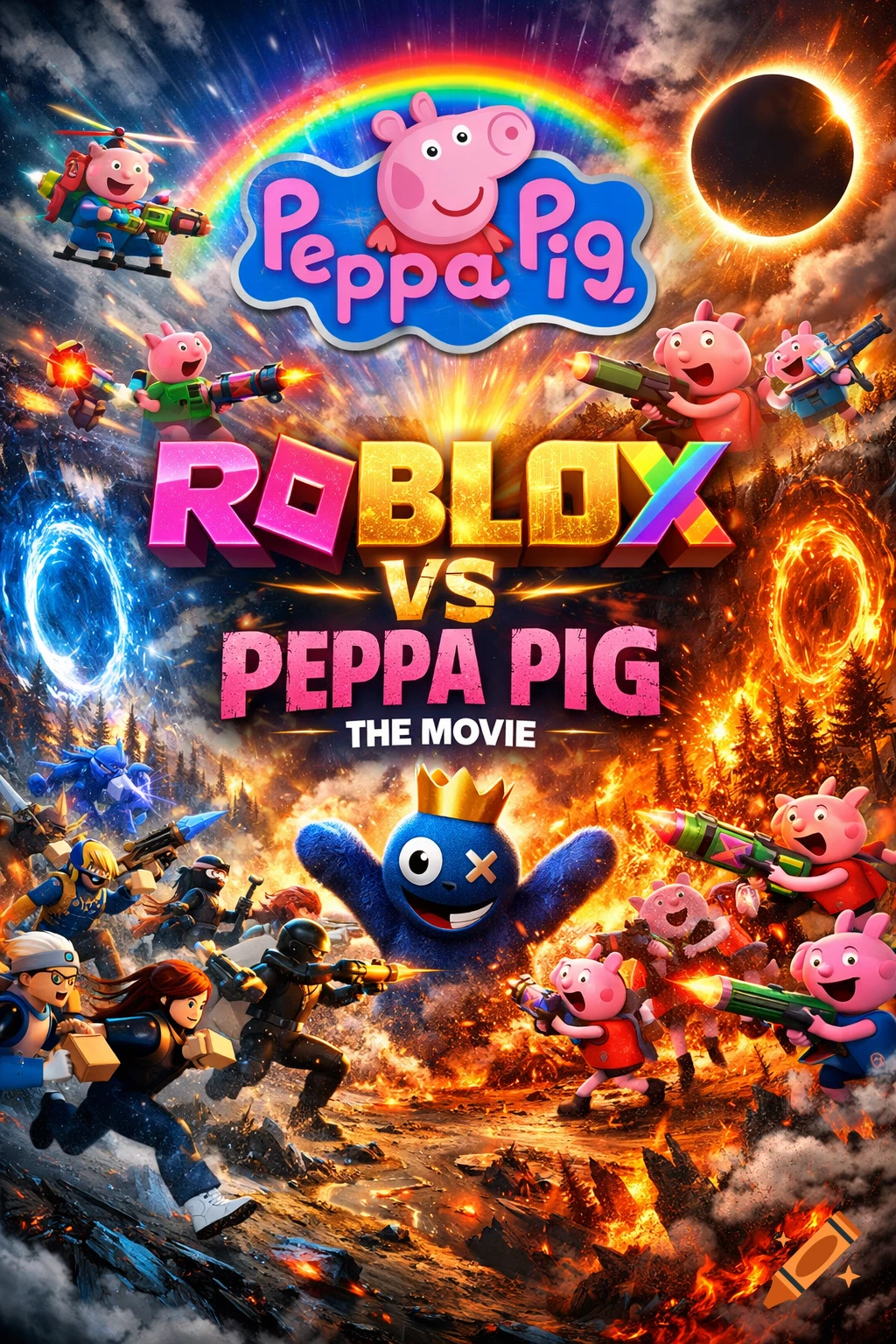 Action-packed movie poster for 'Roblox vs Peppa Pig The Movie', featuring Roblox characters and Peppa Pigs in a chaotic battle with weapons, explosions, a burning forest, and a Rainbow Friends character under a solar eclipse and rainbow.