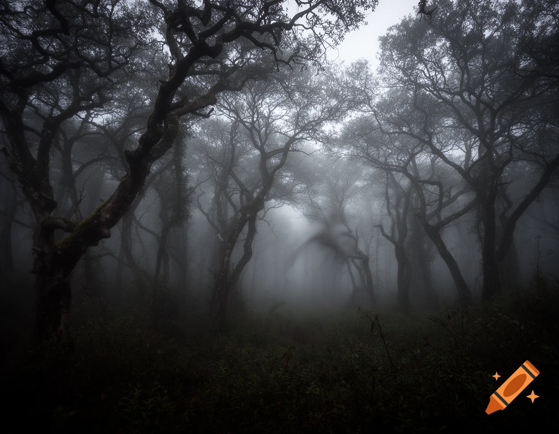 Dark, moody forest with gnarled trees shrouded in dense fog, evoking a creepy atmosphere.