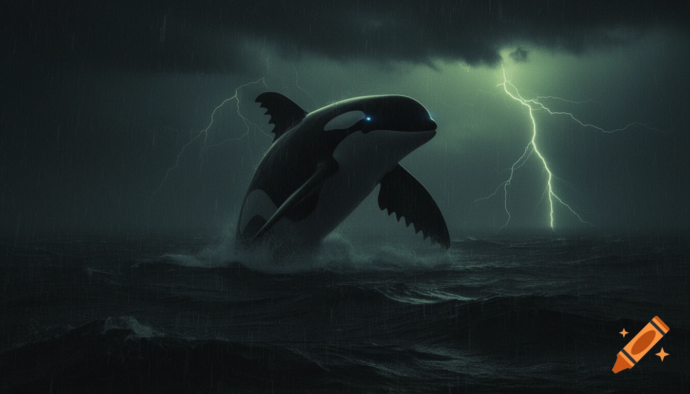 A monstrous orca with glowing blue eyes breaches rough, dark ocean waves under a stormy, rain-swept sky with lightning.