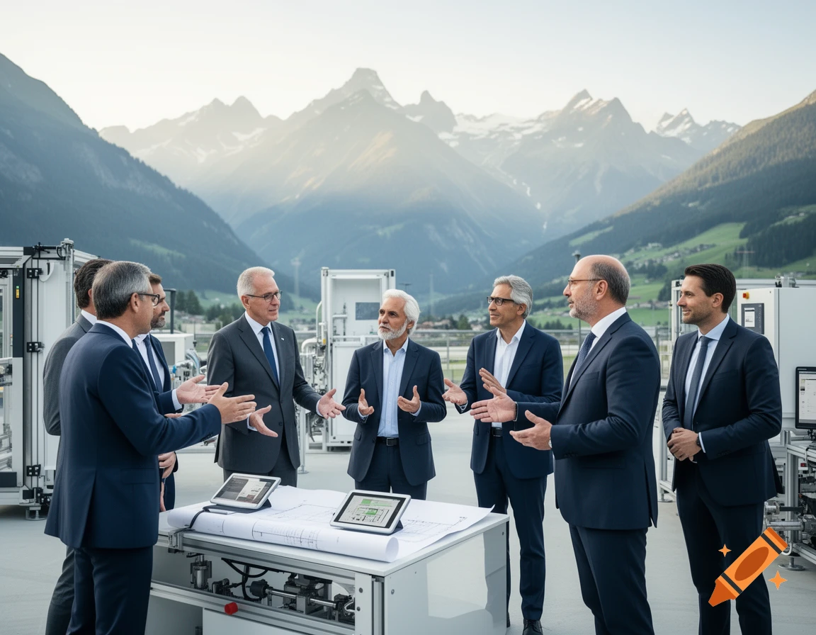 Seven businessmen in suits discussing around a table with tablets and blueprints, set against a backdrop of majestic mountains and an industrial site.