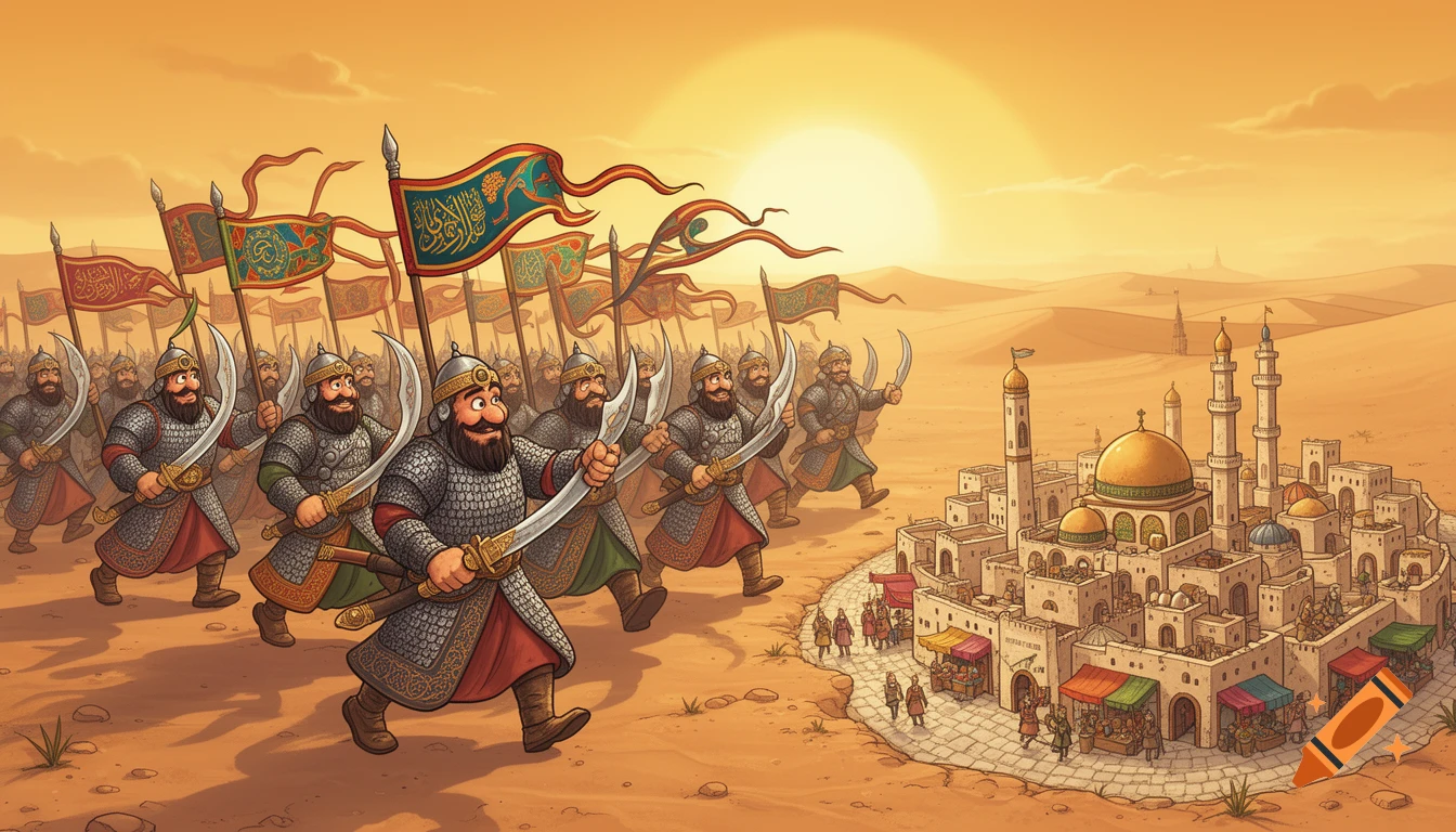Cartoon medieval army with swords and banners marches through a desert towards a small Middle Eastern city at sunset.