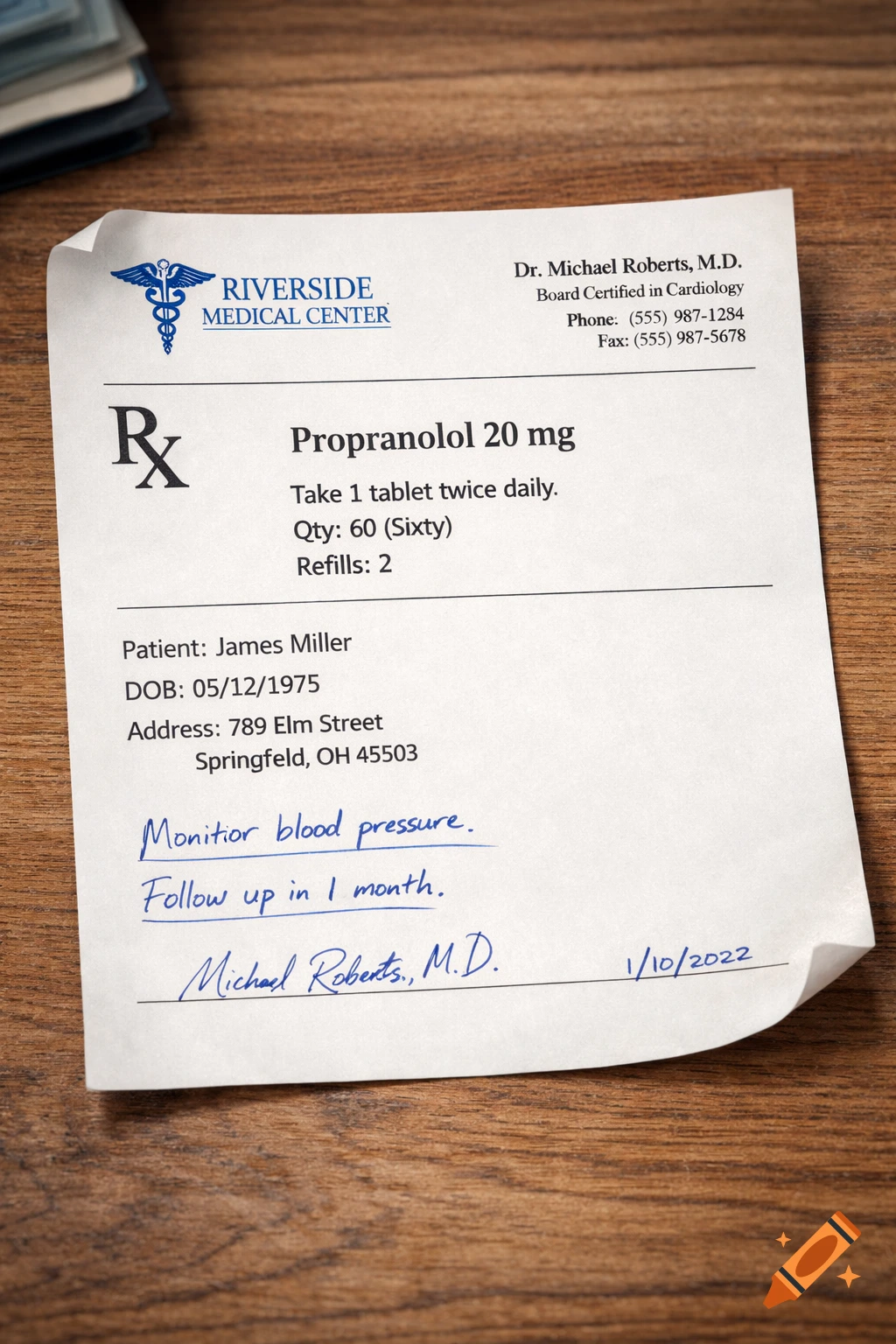 A scanned copy of a white medical prescription for Propranolol 20 mg with handwritten notes, lying on a wooden desk.