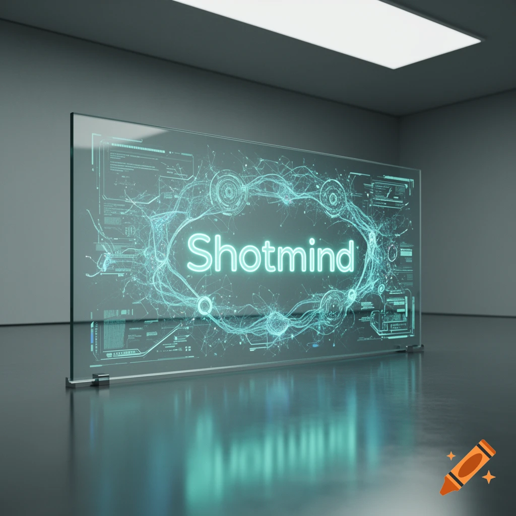 A glowing blue 'Shotmind' logo and data graphic on a transparent screen in a futuristic dark room with a reflective floor.