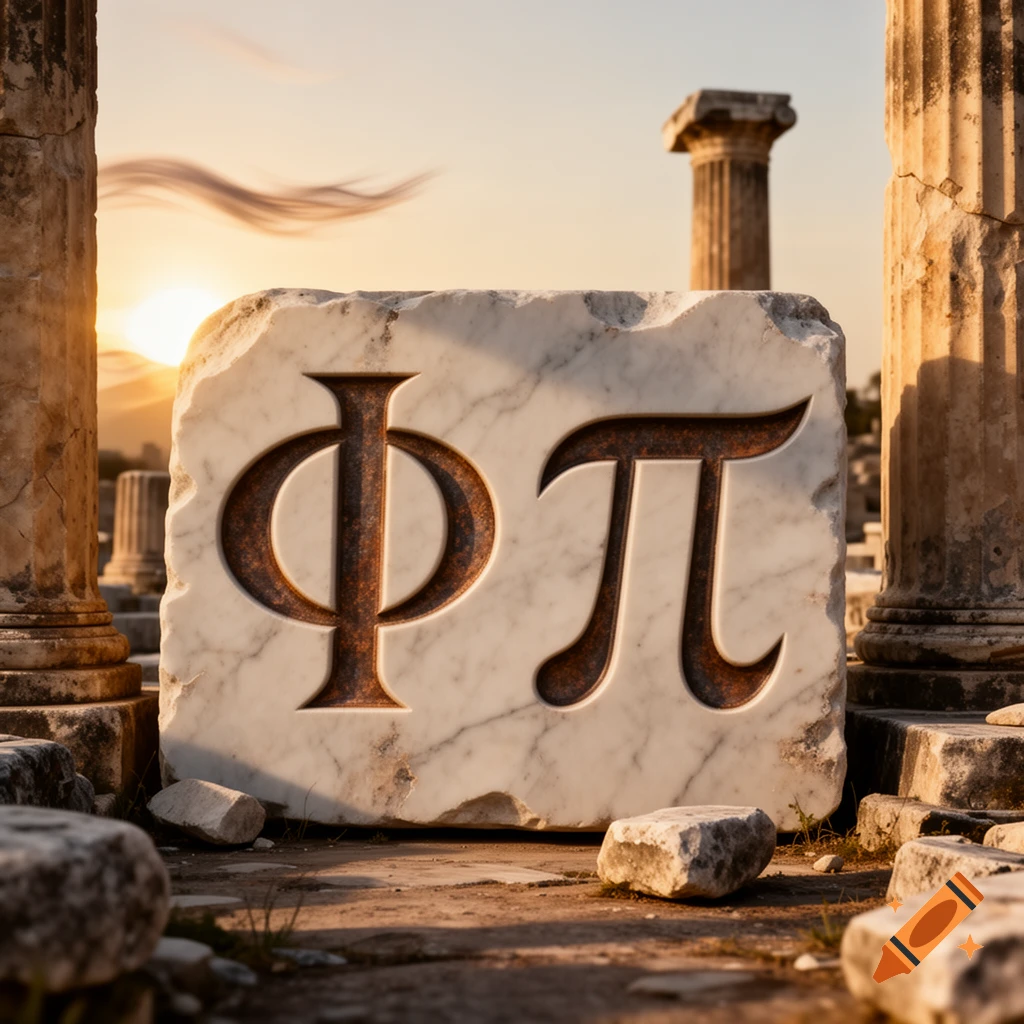 The Greek letters Phi and Pi carved into a marble block amidst ancient ruins bathed in the warm light of a sunset, photorealistic.
